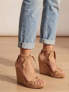 Alexandre Birman Suede Ankle-Tie Wedge Sandals in Tan, size 37